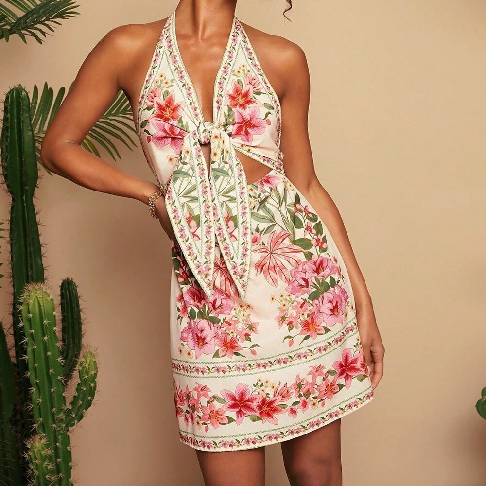 Pink Boho Floral Print Women's Knot Front Halter Backless Dress - Picture 3 of 6